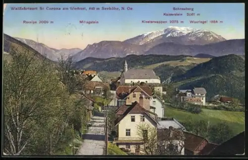 AK St. Corona am Wechsel /N.-Ö., Ortsansicht mit Raxalpe, Mittagstein, Klosterwappen, Schneeberg