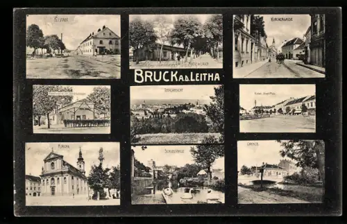 AK Bruck a. d. Leitha, Partie im Lager, Kirchengasse, Altstadt, Kirche, Schlossidylle, an der Grenze