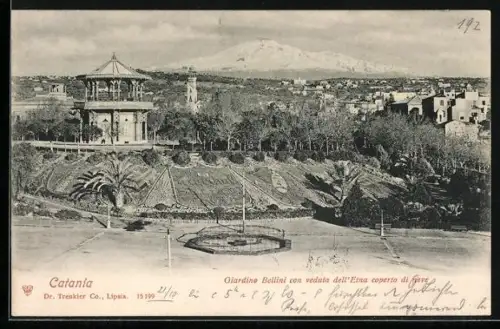 AK Catania, Giardino Bellini con veduta dell'Etna coperio di neve