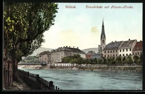 AK Villach, Draubrücke und Nicolai-Kirche, Café Drau