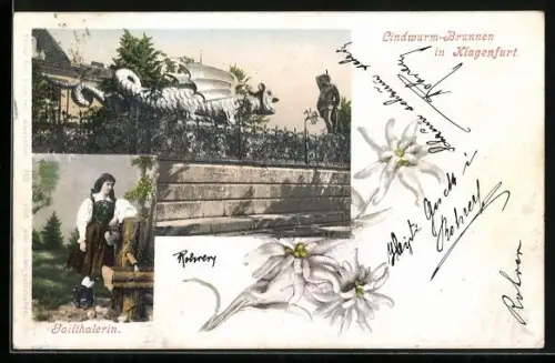 AK Klagenfurt, Lindwurm-Brunnen, Gailtalerin in Tracht, Edelweiss