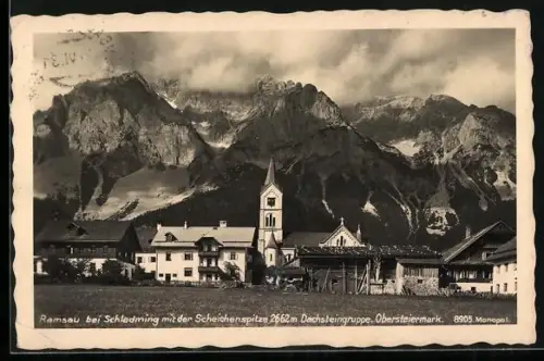 AK Ramsau bei Schladming, Teilansicht mit Kirche und Scheichenspitze