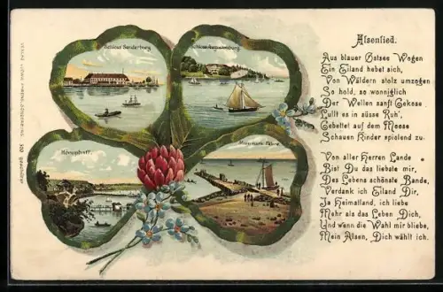 Lithographie Sonderburg, Schloss, Horuphaff, Schloss Augustenburg, Mummark-Fähre, Kleeblatt-Passepartout