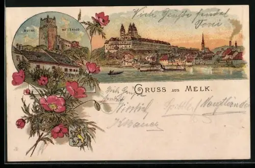 Lithographie Melk, Teilansicht mit Stift, Ruine Weitenegg