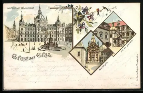 Lithographie Graz, Hauptplatz mit dem Rathaus, Mausoleum, Hof im Landhaus um 1900
