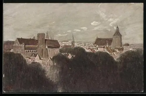 Künstler-AK Fritz Hass: Allenstein, Schloss und Jakobikirche