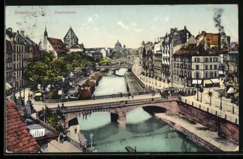 AK Strassburg i. E., Illpanorama mit Strassenbahn
