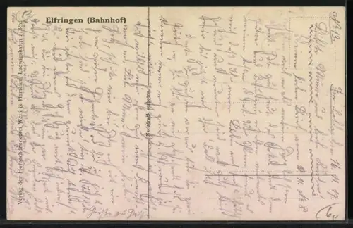AK Elfringen, Bahnhof mit Schaffnern auf dem Bahnsteig