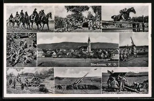 AK Stockerau /N. D., Ortsansicht, Pferd im Sprung, Soldaten mit Geschützen und bei der Rast