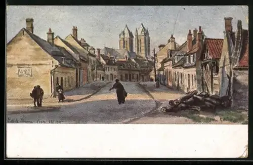 Künstler-AK Noyon, Chauny-Strasse mit Fussgängern
