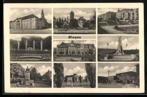 AK Glogau, Stadttheater, Blick auf Rathausturm und Stadtpfarrkirche, König-Friedrich-Platz, Kreishaus