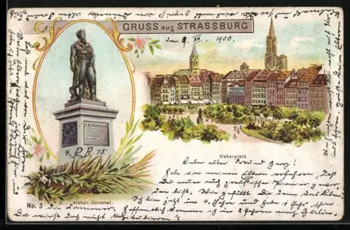Lithographie Strassburg, Kleberplatz und Kleber-Denkmal