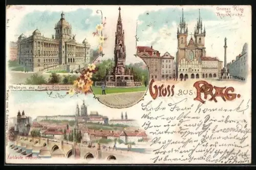 Lithographie Prag, Grosser Ring und Theynkirche, Museum des Königr. Böhmen, Franzensmonument