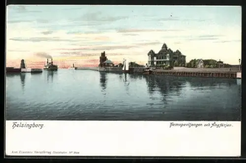 AK Helsingborg, The City, Dampfer passiert die Hafeneinfahrt, Segelboot