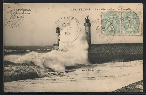 AK Fécamp, La Jetée un jour de Tempête, Leuchtturm