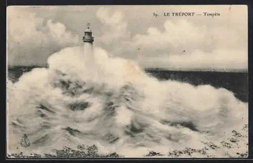AK Le Tréport, Tempête, Leuchtturm