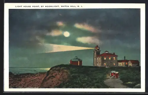 Künstler-AK Watch Hill, Light House Point by Moonlight