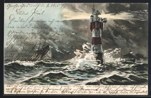 Künstler-AK Leuchtturm mit Schiffen auf hoher See
