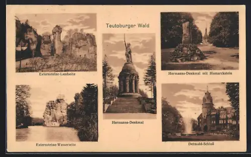 AK Detmold /Teutoburger Wald, Schloss, Hermanns-Denkmal, Externsteine-Landseite