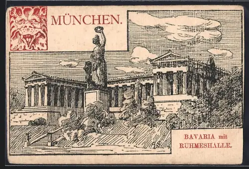 Lithographie München, Bavaria mit Ruhmeshalle