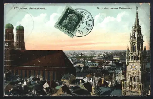 AK München, Frauenkirche und Turm des neuen Rathauses