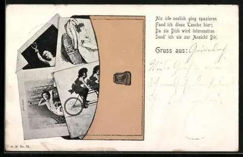 AK Brieftasche mit vier Ansichtskarten, Als ich neulich ging spazieren, fand ich diese Tasche hier...