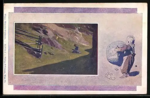 Künstler-AK Philipp + Kramer Nr. XLVIII-4: Kleinkind mit Ballon, Mädchen auf einer Bergwiese