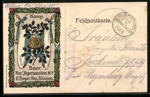 Künstler-AK Bayer. Res. Jägerbataillon N. 1, 5. Bayer. Res. Division, Fahnen und Helm im Eichenkranz