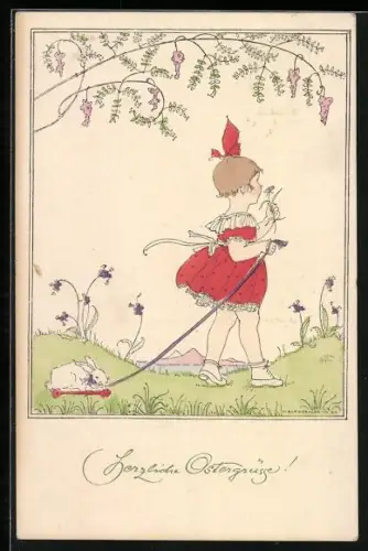 Künstler-AK Mela Köhler: Mädchen zieht ein Spielzeug-Kaninchen über eine Wiese, Ostergruss