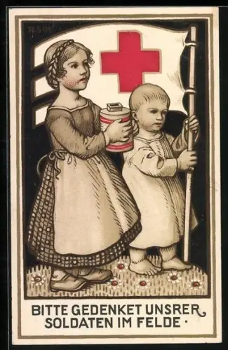 Künstler-AK Nürnberg, Kinder mit Fahne und Spendenbüchse, Rotes Kreuz-Sammlung
