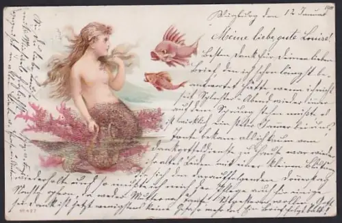 Glitzer-Perl-AK Meerjungfrau mit Fischen