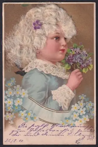 Echt-Haar-AK Mädchen mit weissen Haaren und Blumenstrauss
