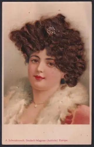 Echt-Haar-AK Porträt einer Dame mit dunkelbraunem Haar