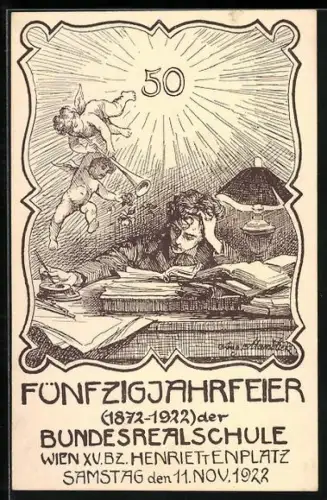 Künstler-AK Wien, Bundesrealschule Henriettenplatz, 50 Jahrfeier 1872-1922, Engel fliegen um einen Schüler