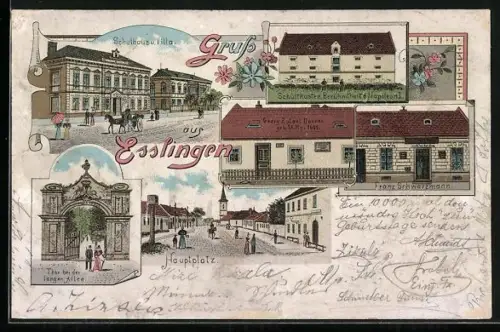 Lithographie Esslingen, Schulhaus und Villa, Schüttkasten, Hauptplatz