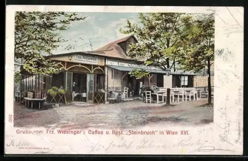AK Wien XVI, Fr. Wiesinger`s Caffee u. Restaurant Steinbruch Aussenansicht