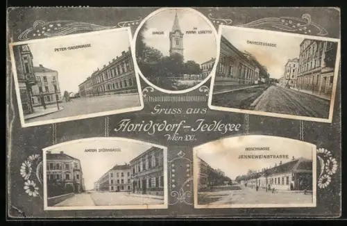 AK Wien-Floridsdorf-Jedlesee, Peter-Kaisergasse, Kirche zu Maria Loretto, Bahnsteggasse