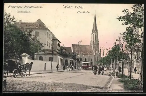 AK Wien, Strassenbahn, Hietzinger Hauptstrasse, Kaiserstöckl, Pfarrkirche
