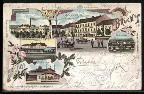 Lithographie Bruck a. d. Leitha, K. u. K. Militär Conserven Fabrik, Barackenlager, Rathaus