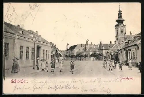 AK Schwechat, Kinder auf dem Hauptplatz mit Kirche