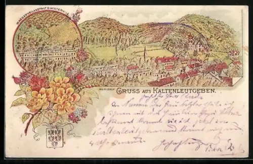 Lithographie Kaltenleutgeben, Wasserheilanstalt, Ortsansicht aus der Vogelschau
