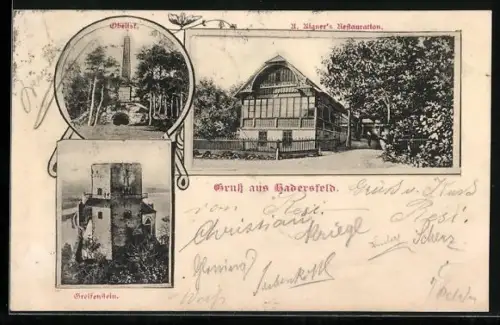 AK Hadersfeld, Burgruine Greifenstein, Obelisk, A. Aigner's Restauration