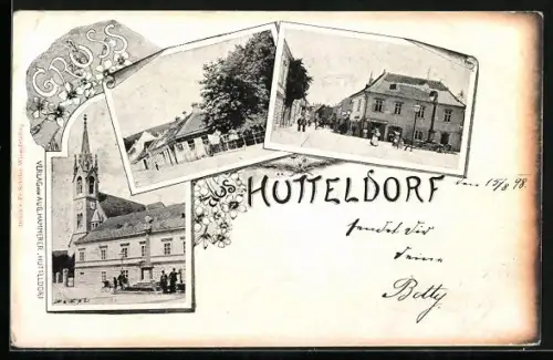 AK Hütteldorf, Kirche, Strassenpartien mit Passanten