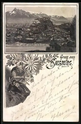 Lithographie Salzburg, Ortsansicht aus der Vogelschau, Zwerg