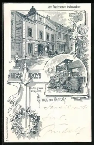 Lithographie Wien, Hernals, Gasthaus Gschwandner, Alte Weinpresse