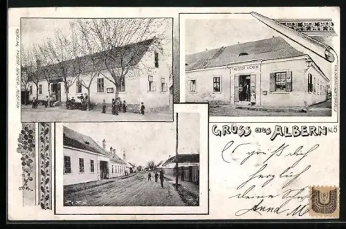 AK Wien, Gruss aus Albern, Geschäft Theodor Aigner, Strassenpartie im Ort