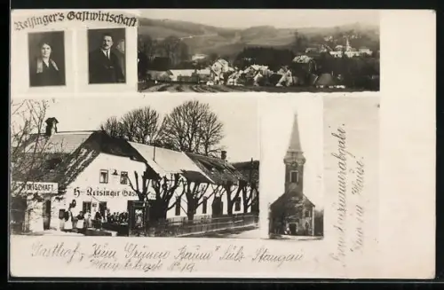 AK Sulz-Stangau, Reisinger`s Gasthof in der Haupstrasse 19, Kirche und Ortspanorama