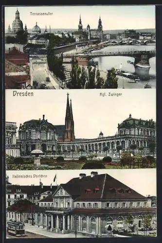 AK Dresden, Terrassenufer, Königlicher Zwinger, Italienisches Dörfchen, Strassenbahn