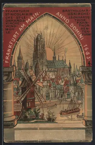 Lithographie Alt-Frankfurt, Blick auf Pfarrturm, St. Nicolaikirche, Windmühle