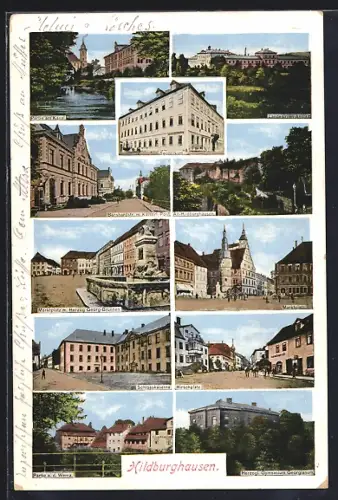 AK Hildburghausen, Marktplatz mit Herzog Georg-Brunnen, Schlosskaserne, Hirschplatz, Gymnasium und Technikum